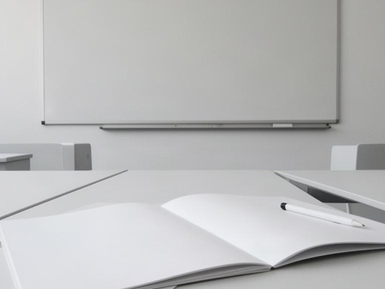 Deutsche Lernmaterialien, Notizbuch und Unterrichtstafel auf einem Tisch im Kursraum