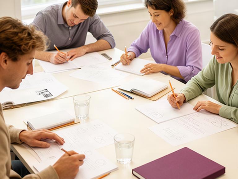 Lernende bearbeiten einen Deutsch-Prüfungstest an einem hellen Tisch mit Notizen und Zertifikatsunterlagen